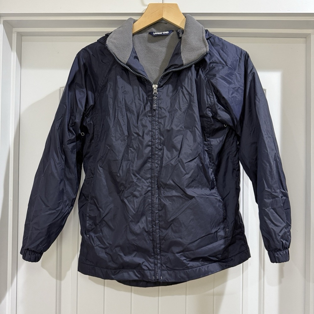 Lands End Kids Waterproof Fleece Lined Jacket Navy Size 8 Hooded Light Weight